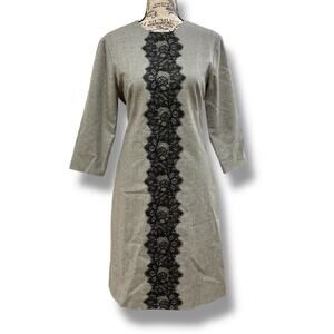 Charlotte Brody Size S Gray Wool Lace Pattern 3/4 Sleeve Crew-Neck Shift Dress